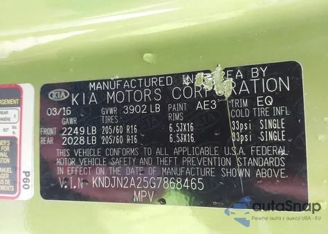 2016 Kia Soul from USA, damaged, VIN KNDJN2A25G7868465